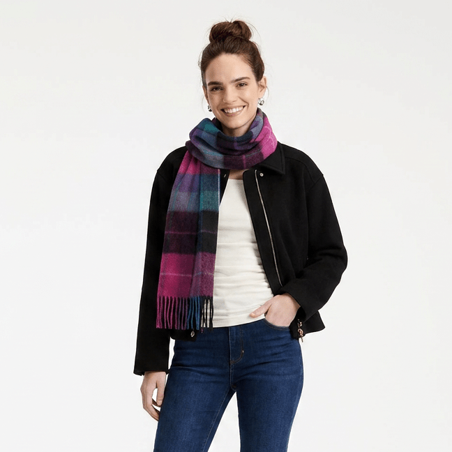 Edinburgh 100% Lambswool Scarf – Premium Soft Wool Wrap - Mixed Check - Magenta and Black - Heritage Of Scotland -