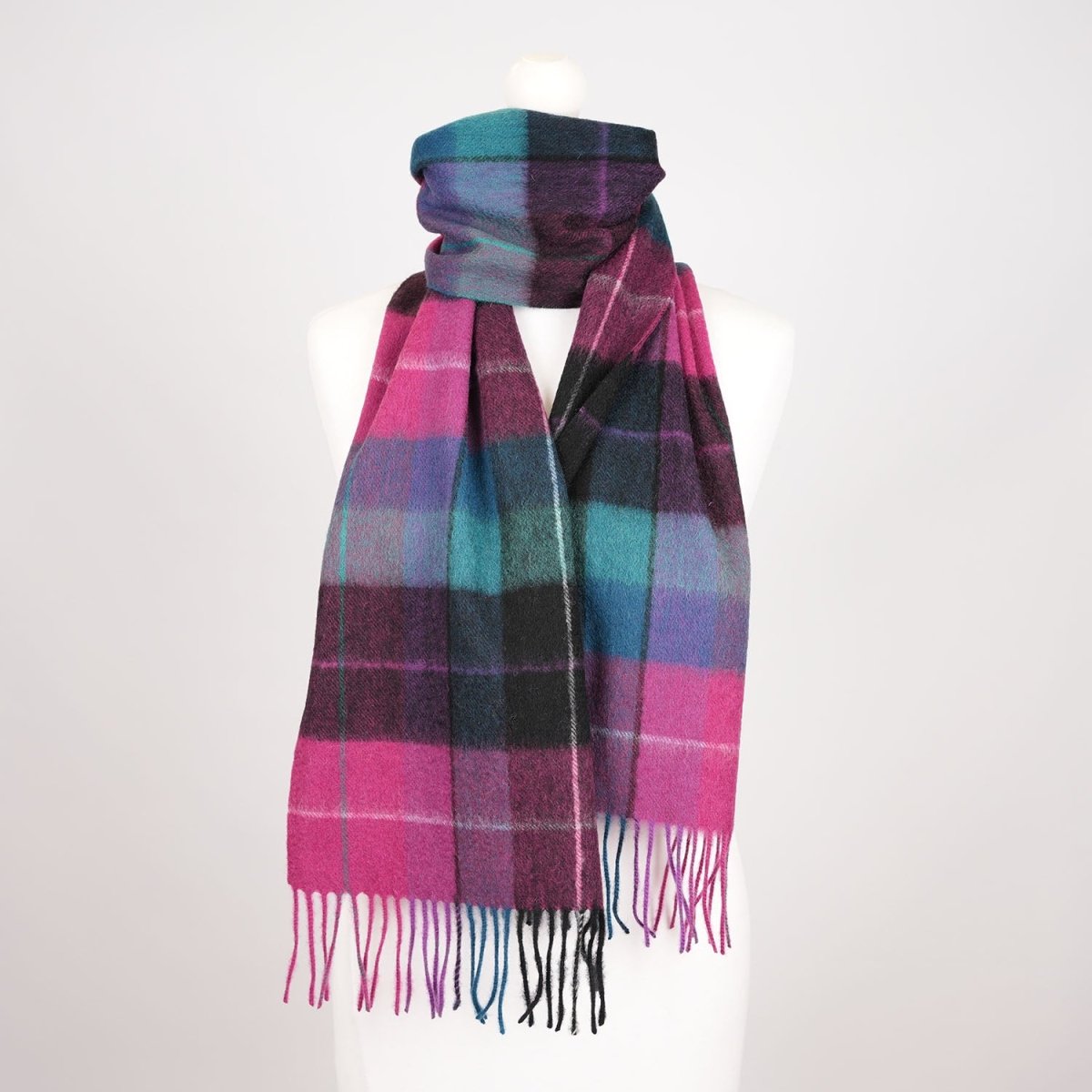 Edinburgh 100% Lambswool Scarf – Premium Soft Wool Wrap - Mixed Check - Magenta and Black - Heritage Of Scotland -