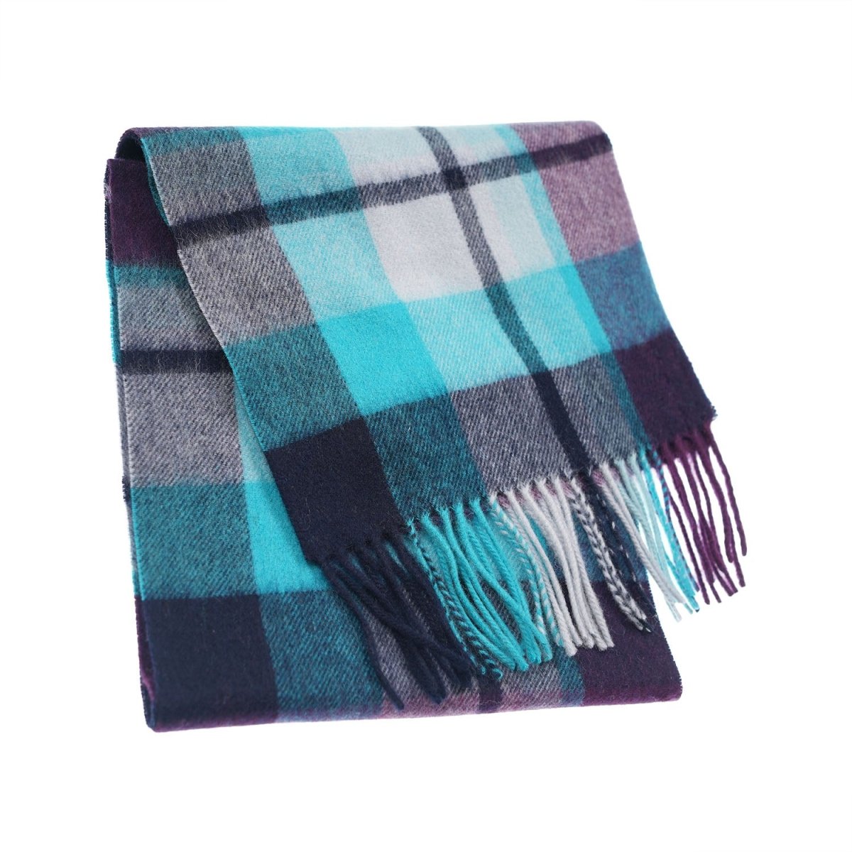 Edinburgh 100% Lambswool Scarf – Premium Soft Wool Wrap - Myriad Check - Aqua, Navy and Bordeaux - Heritage Of Scotland -