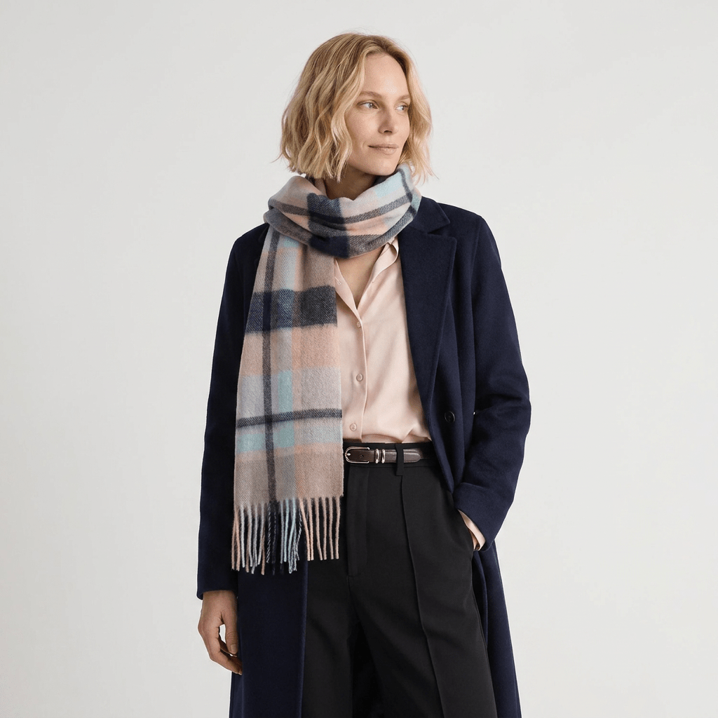 Edinburgh 100% Lambswool Scarf – Premium Soft Wool Wrap - Myriad Check - Navy, Greige and Light Blue - Heritage Of Scotland -