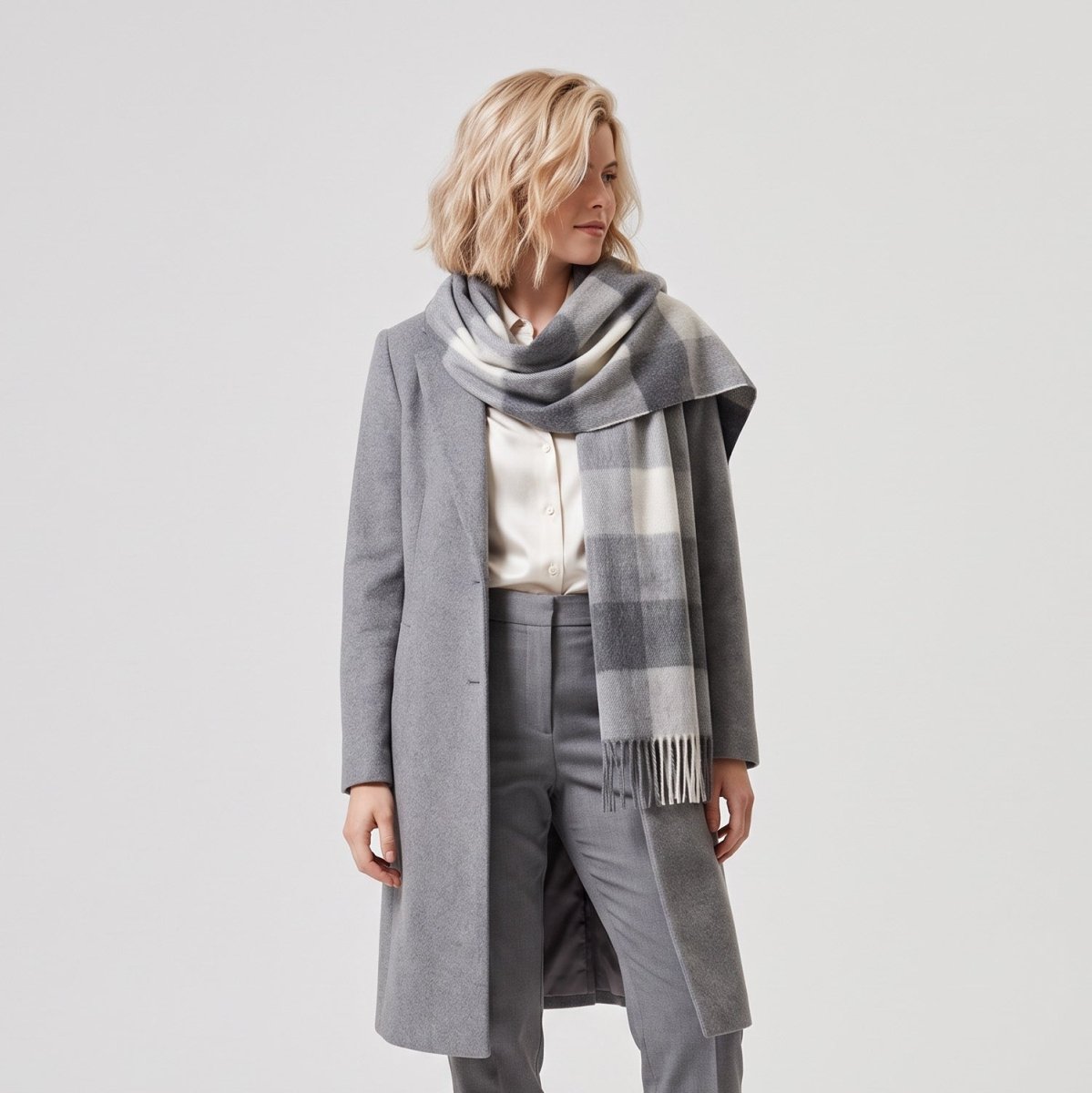Edinburgh 100% Pure Cashmere Wide Scarf – Luxury Oversized Wrap - Scots Check - 5 SQUARE CHECK GREY / One Size - Heritage Of Scotland -