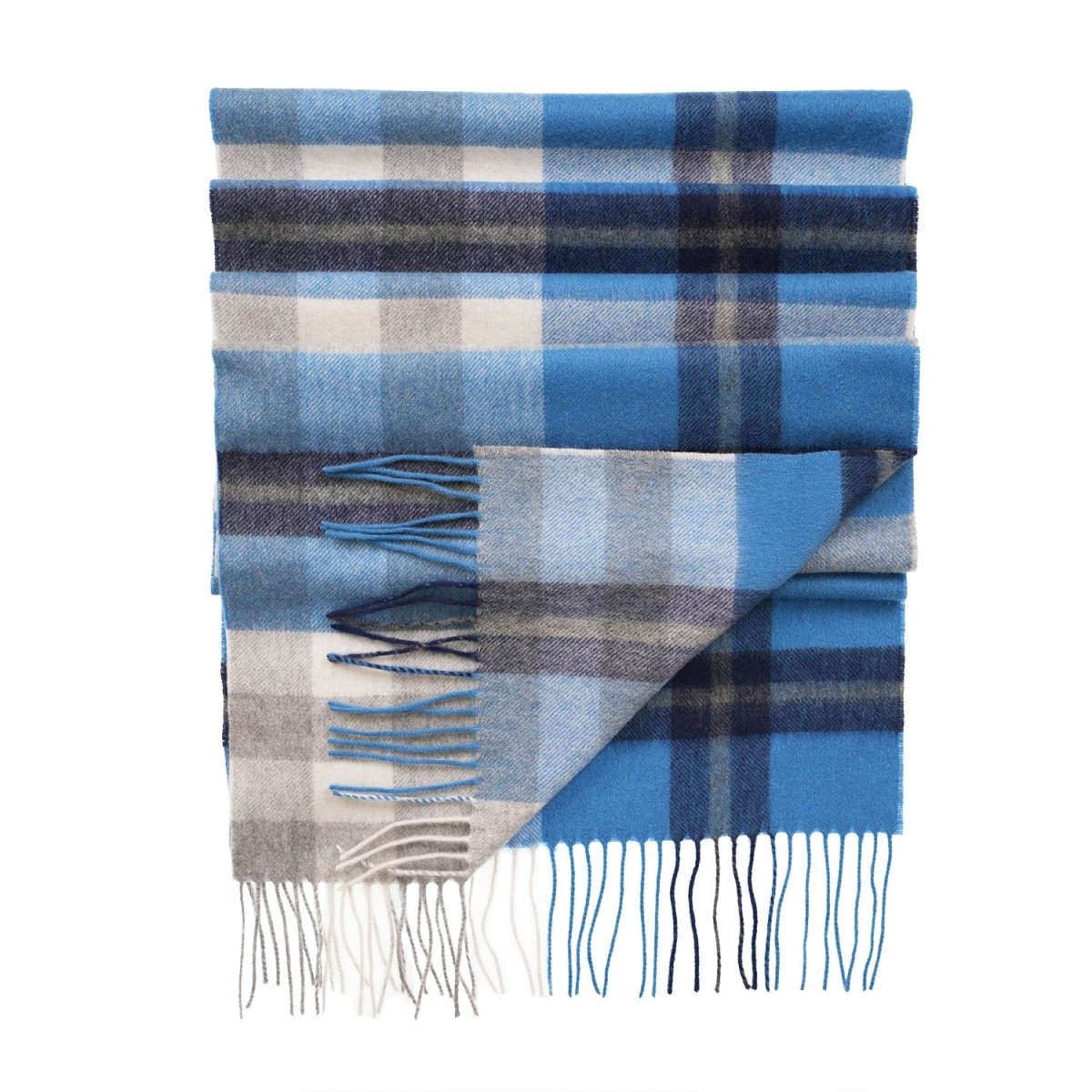 Edinburgh 100% Pure Cashmere Wide Scarf – Luxury Oversized Wrap - Scots Check – Kintyre Blue and Pewter - Heritage Of Scotland -