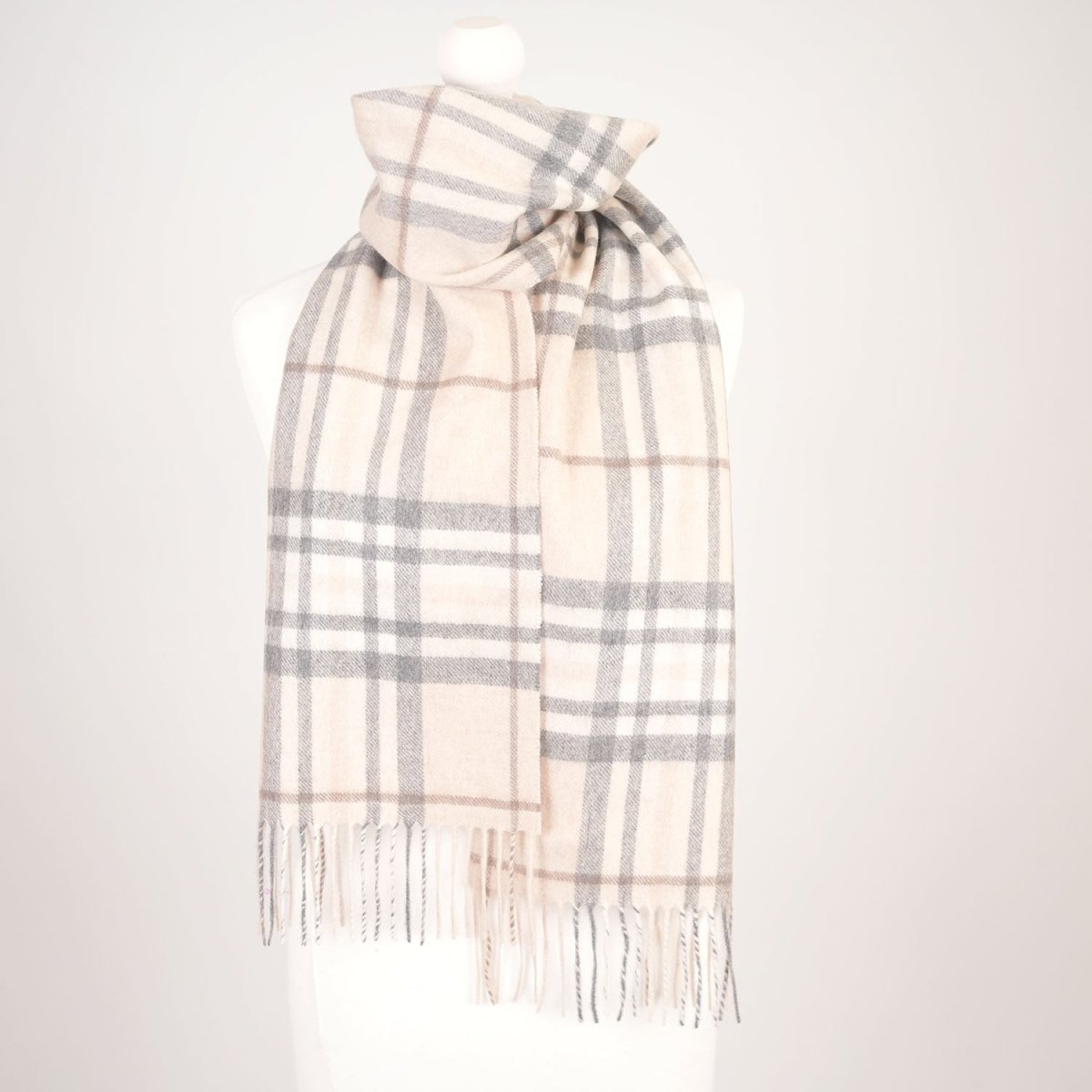 Edinburgh Cashmere Premium Lightweight Scarf - Soft Luxury Wrap - Highlight Check - Brown and Oyster - Heritage Of Scotland -