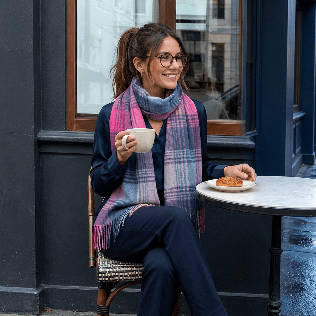 Edinburgh Cashmere Premium Lightweight Scarf - Ultra-Soft Luxury Wrap - Broken Check - Orange, Pink and Denim - Heritage Of Scotland -