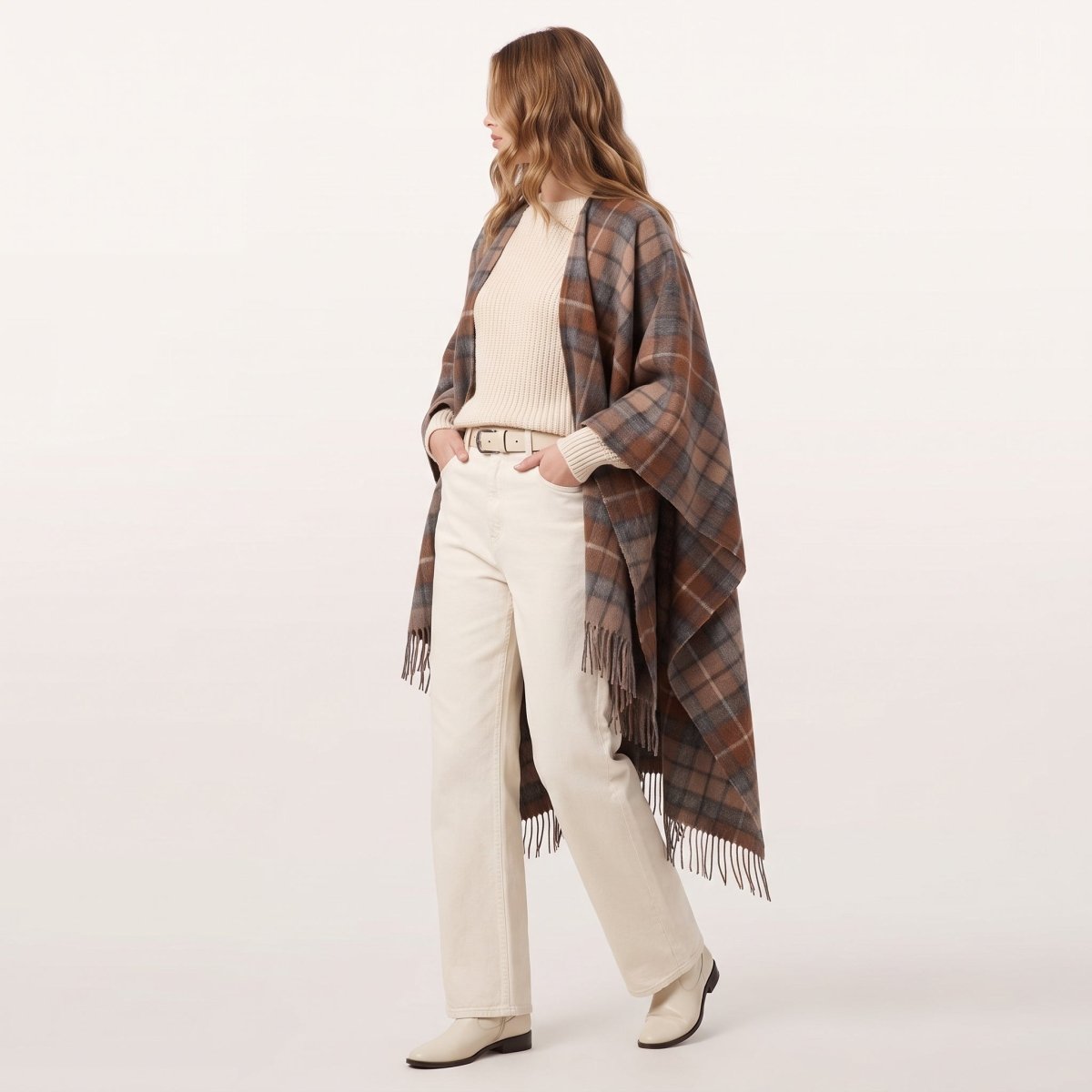Edinburgh Lambswool Long Tartan Cape - Buchanan Natural - Heritage Of Scotland -