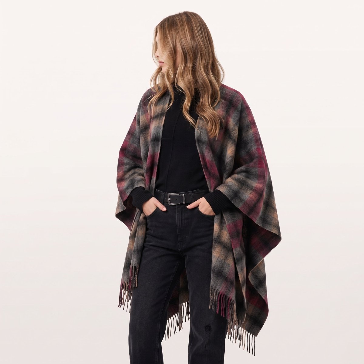 Edinburgh Lambswool Long Tartan Cape - Graded Block Check - Dress Black - Heritage Of Scotland -