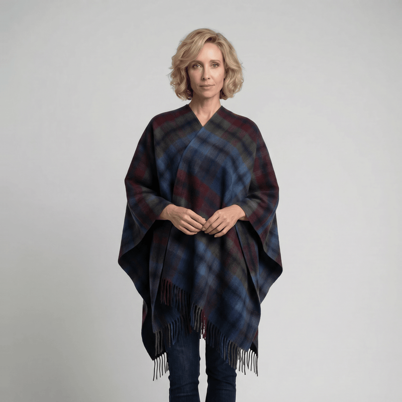 Edinburgh Lambswool Long Tartan Cape - Heritage Of Scotland - GRADED BLOCK CHECK - INDIGO BLUE