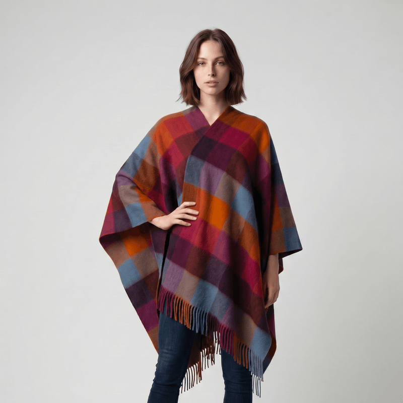 Edinburgh Lambswool Long Tartan Cape - Heritage Of Scotland - GRADED BLOCK CHECK - INDIGO BLUE