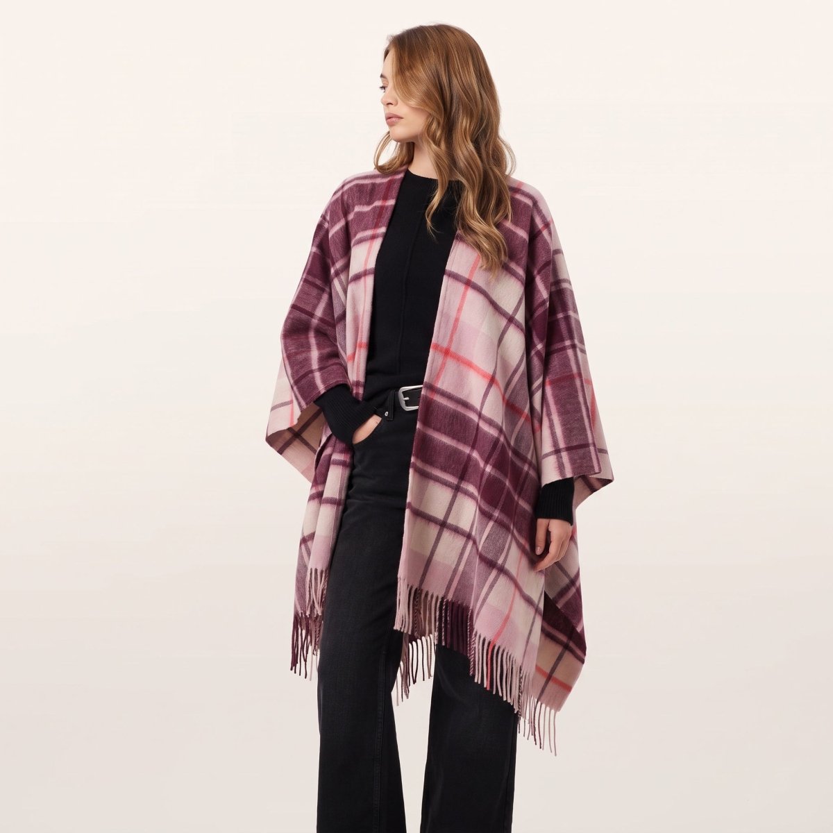 Edinburgh Lambswool Long Tartan Cape - Mill Check Pink - Heritage Of Scotland -