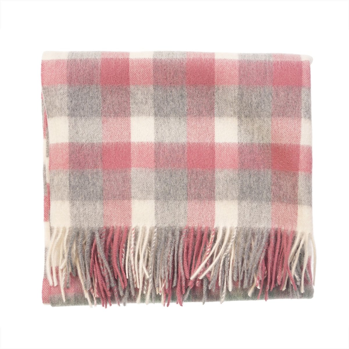 Edinburgh Lambswool Tartan Stole - Soft Luxury Check Wrap with Fringe - Big Check Muted White and Pink - Heritage Of Scotland -