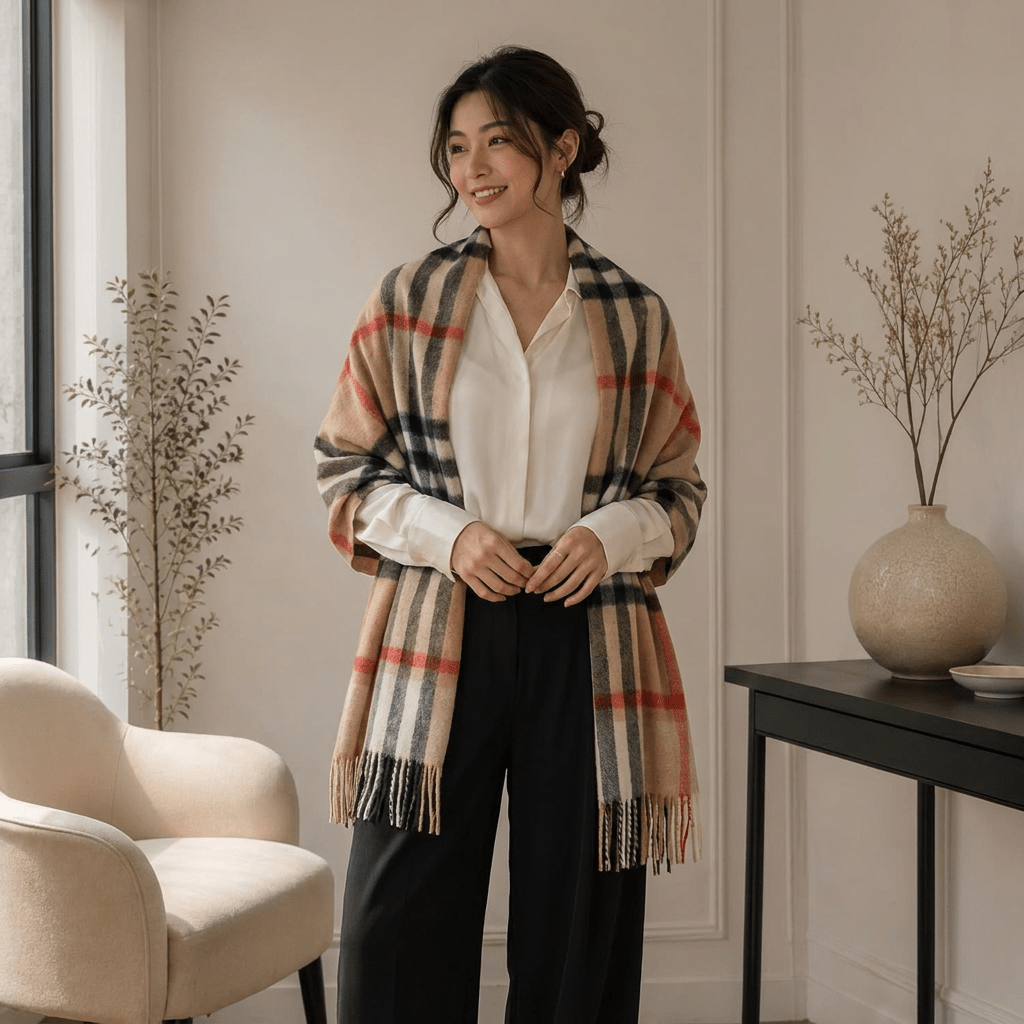 Edinburgh Lambswool Tartan Stole - Soft Luxury Check Wrap with Fringe - Chequer Camel & Grey - Heritage Of Scotland -