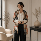Edinburgh Lambswool Tartan Stole - Soft Luxury Check Wrap with Fringe - Chequer Camel & Grey - Heritage Of Scotland -