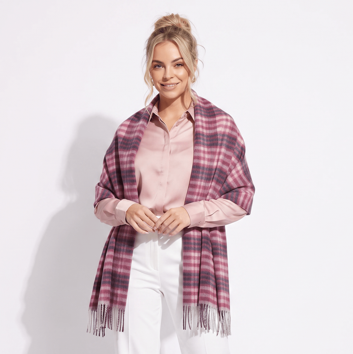 Edinburgh Lambswool Tartan Stole - Soft Luxury Check Wrap with Fringe - Cluster Gingham Astral and Berry - Heritage Of Scotland -