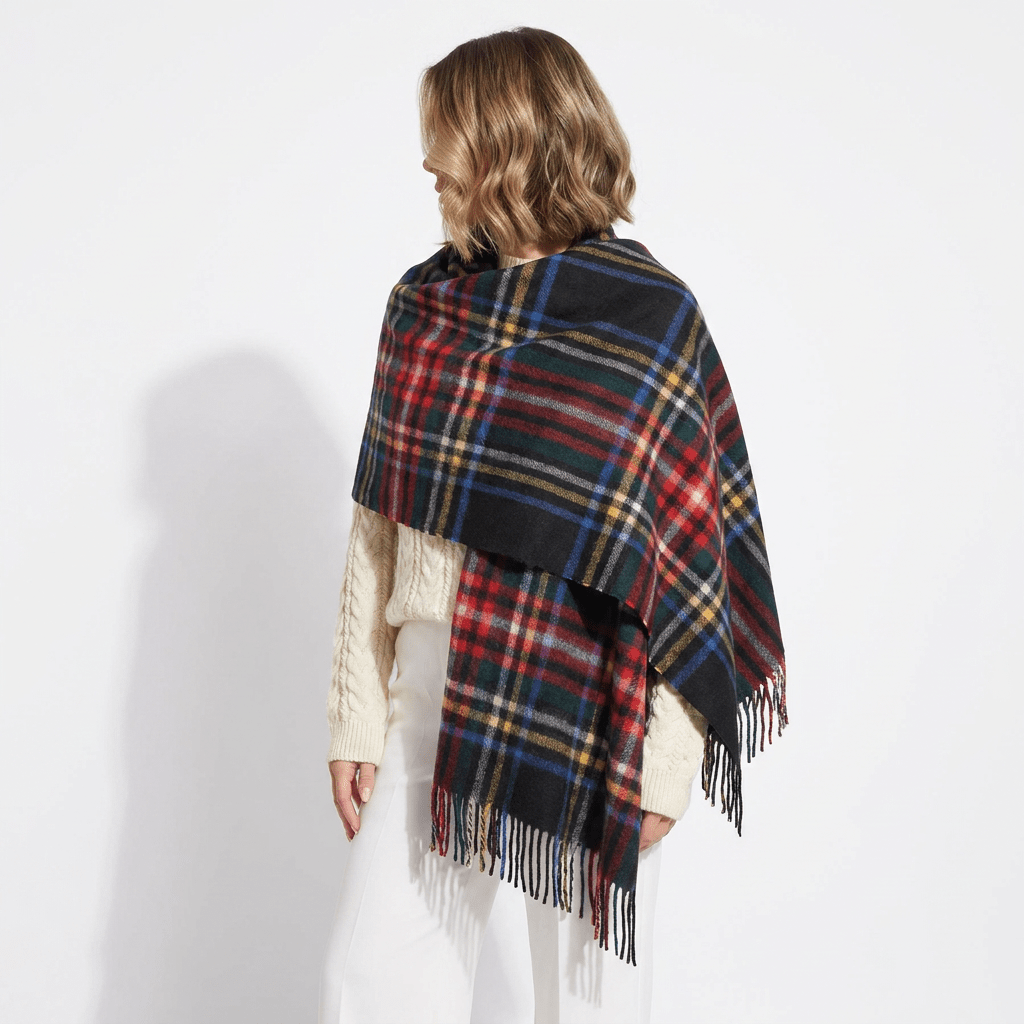Edinburgh Lambswool Tartan Stole - Soft Luxury Check Wrap with Fringe - Stewart Black - Heritage Of Scotland -