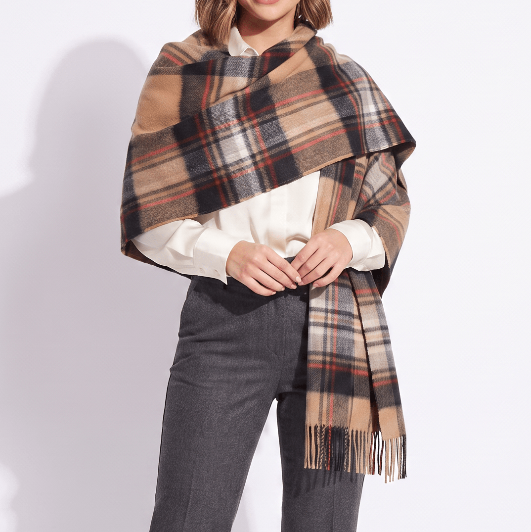 Edinburgh Lambswool Tartan Stole - Soft Luxury Check Wrap with Fringe - Stewart Camel - Heritage Of Scotland -