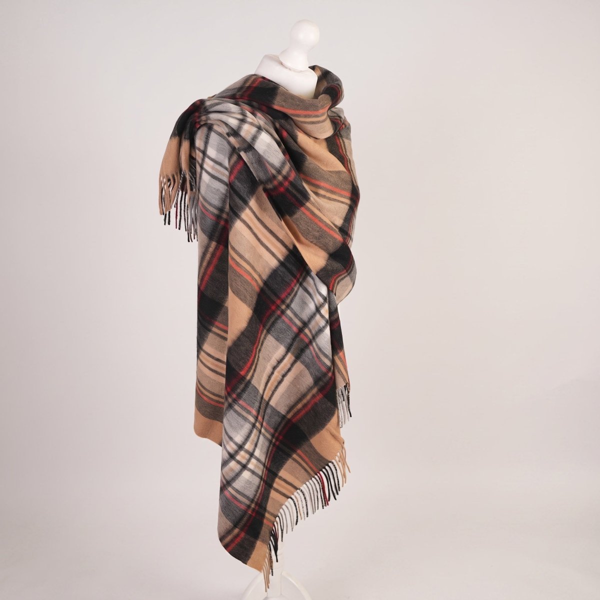Edinburgh Lambswool Tartan Stole - Soft Luxury Check Wrap with Fringe - Stewart Camel - Heritage Of Scotland -