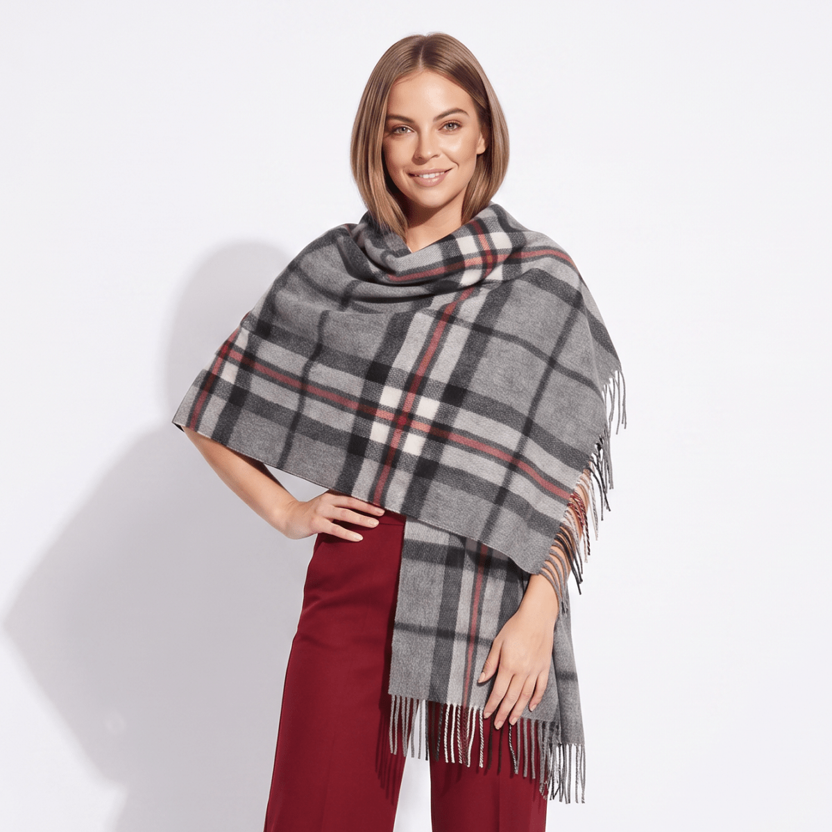 Edinburgh Lambswool Tartan Stole - Soft Luxury Check Wrap with Fringe - Thomson Grey - Heritage Of Scotland -