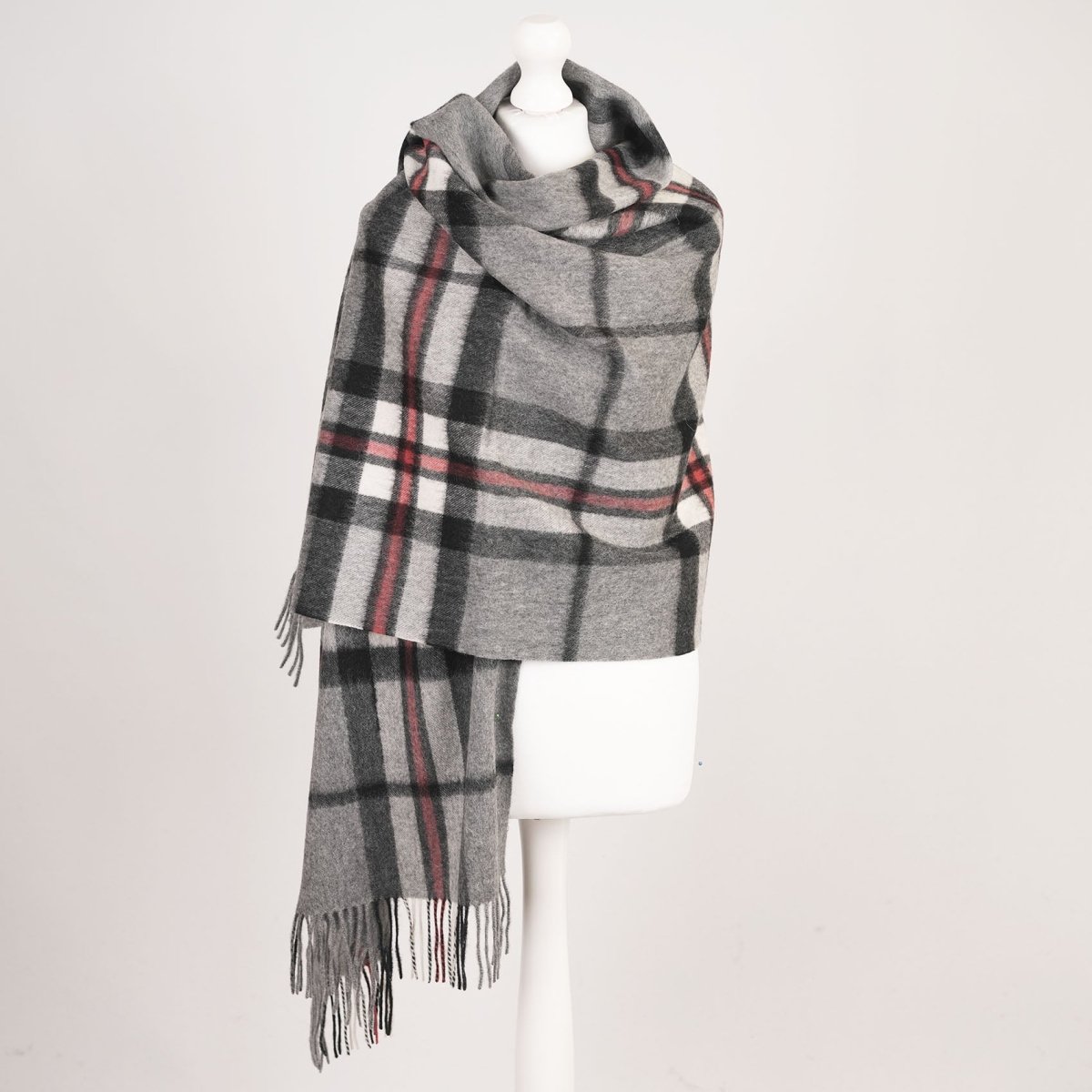 Edinburgh Lambswool Tartan Stole - Soft Luxury Check Wrap with Fringe - Thomson Grey - Heritage Of Scotland -