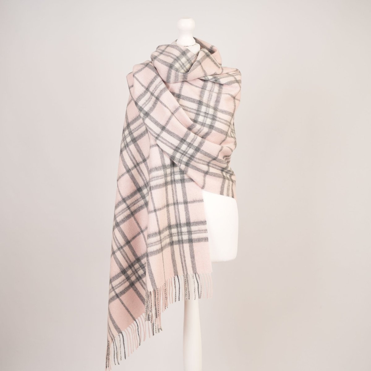 Edinburgh Lambswool Tartan Stole - Soft Luxury Check Wrap with Fringe - Thomson Pale Pink - Heritage Of Scotland -