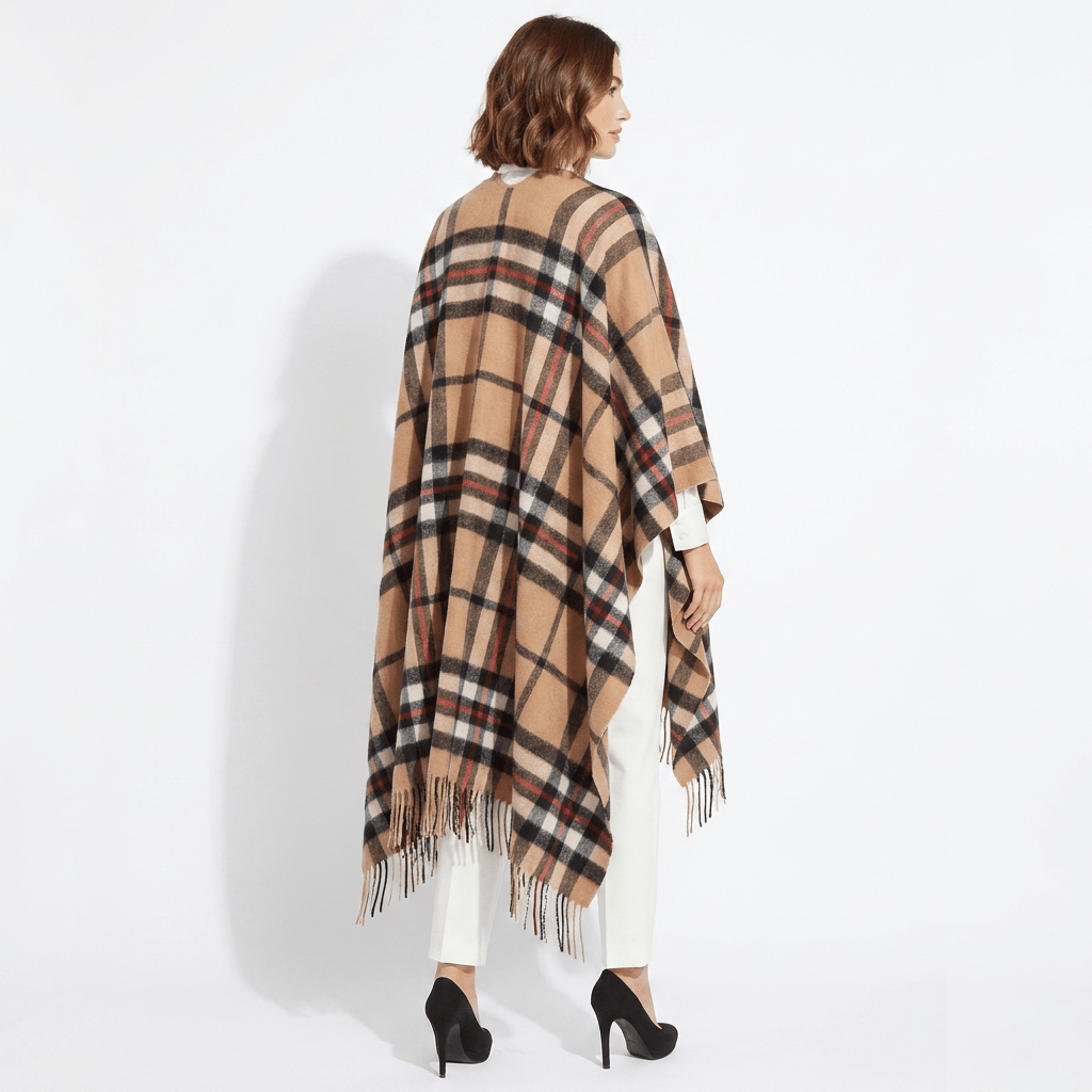 Edinburgh Long Lambswool Tartan Cape – Premium Plaid Wrap - Enlarged Off Centered Scotty Thomson Camel - Heritage Of Scotland -