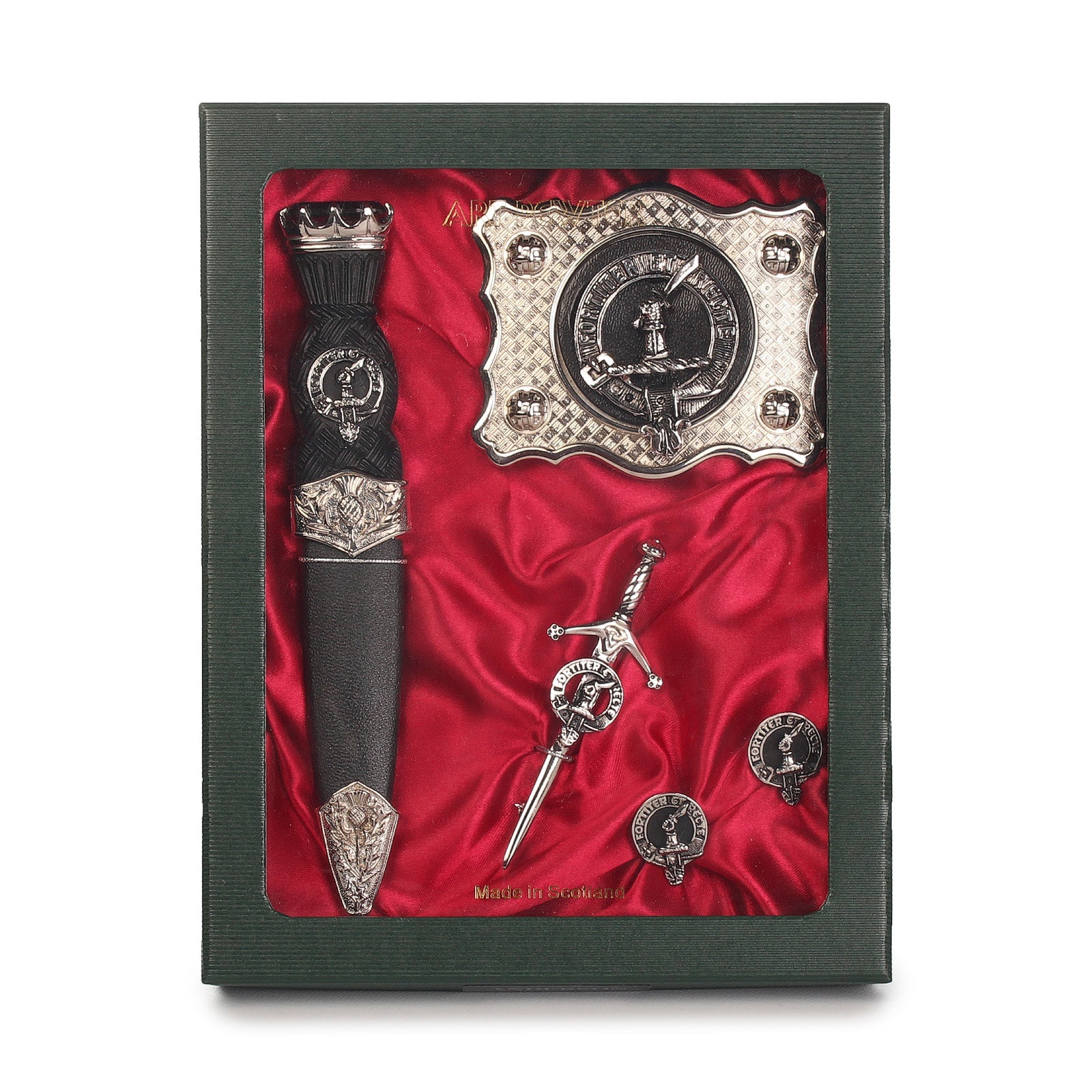 Elliot Clan Badge, Kilt Pin, Lapel Pin, Cufflinks, Keyring/Key Fob & Gift Set — Fine Pewter by Art Pewter — Made in Scotland (Shiny Finish) - Heritage Of Scotland - Gift Set