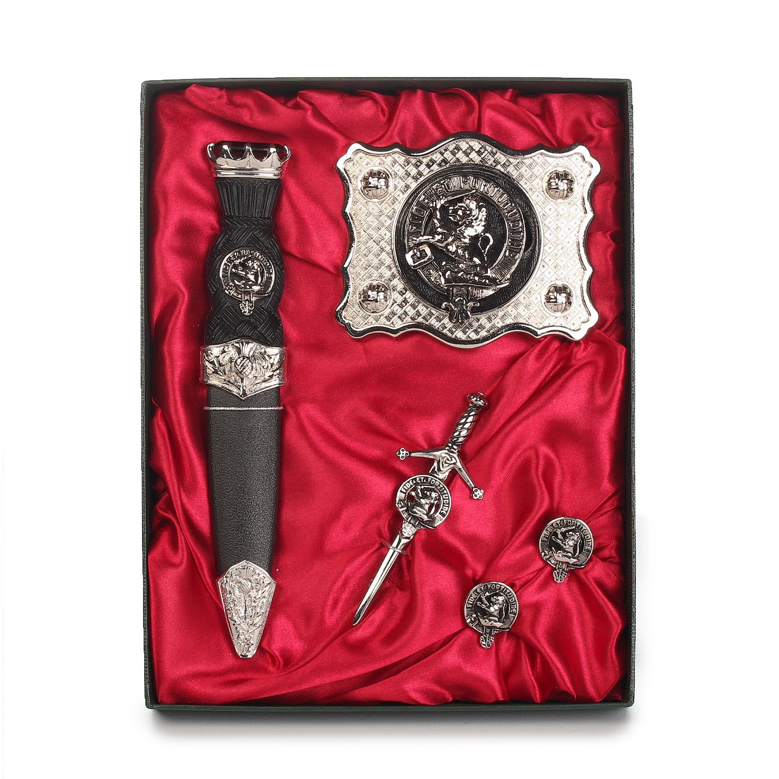 Farquharson Clan Badge, Kilt Pin, Lapel Pin, Cufflinks, Keyring/Key Fob & Gift Set — Fine Pewter by Art Pewter — Made in Scotland (Shiny Finish) - Heritage Of Scotland - Gift Set