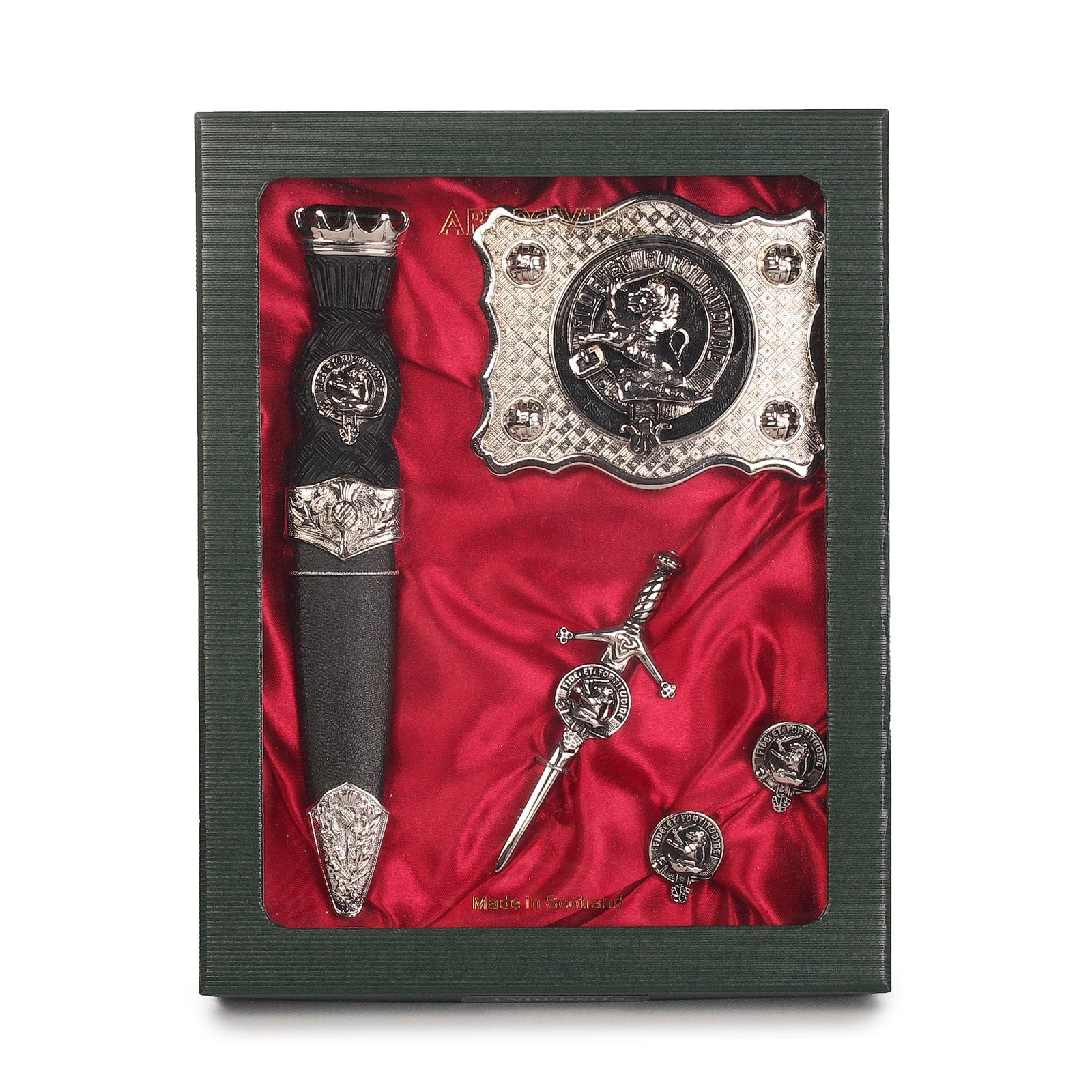 Farquharson Clan Badge, Kilt Pin, Lapel Pin, Cufflinks, Keyring/Key Fob & Gift Set — Fine Pewter by Art Pewter — Made in Scotland (Shiny Finish) - Heritage Of Scotland - Gift Set
