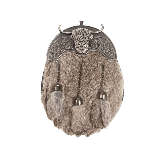 F/D Highland Cow Cantle Sporran Rabbit Fur (Grey) - Heritage Of Scotland - RABBIT FUR (GREY)