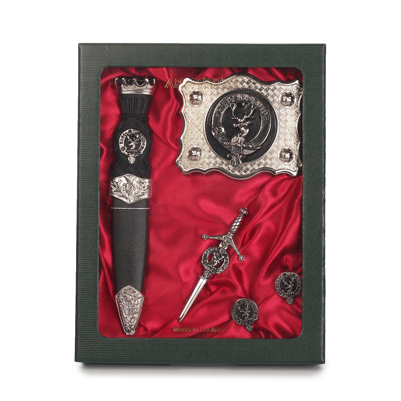 Forbes Clan Badge, Kilt Pin, Lapel Pin, Cufflinks, Keyring/Key Fob & Gift Set — Fine Pewter by Art Pewter — Made in Scotland (Shiny Finish) - Heritage Of Scotland - Gift Set