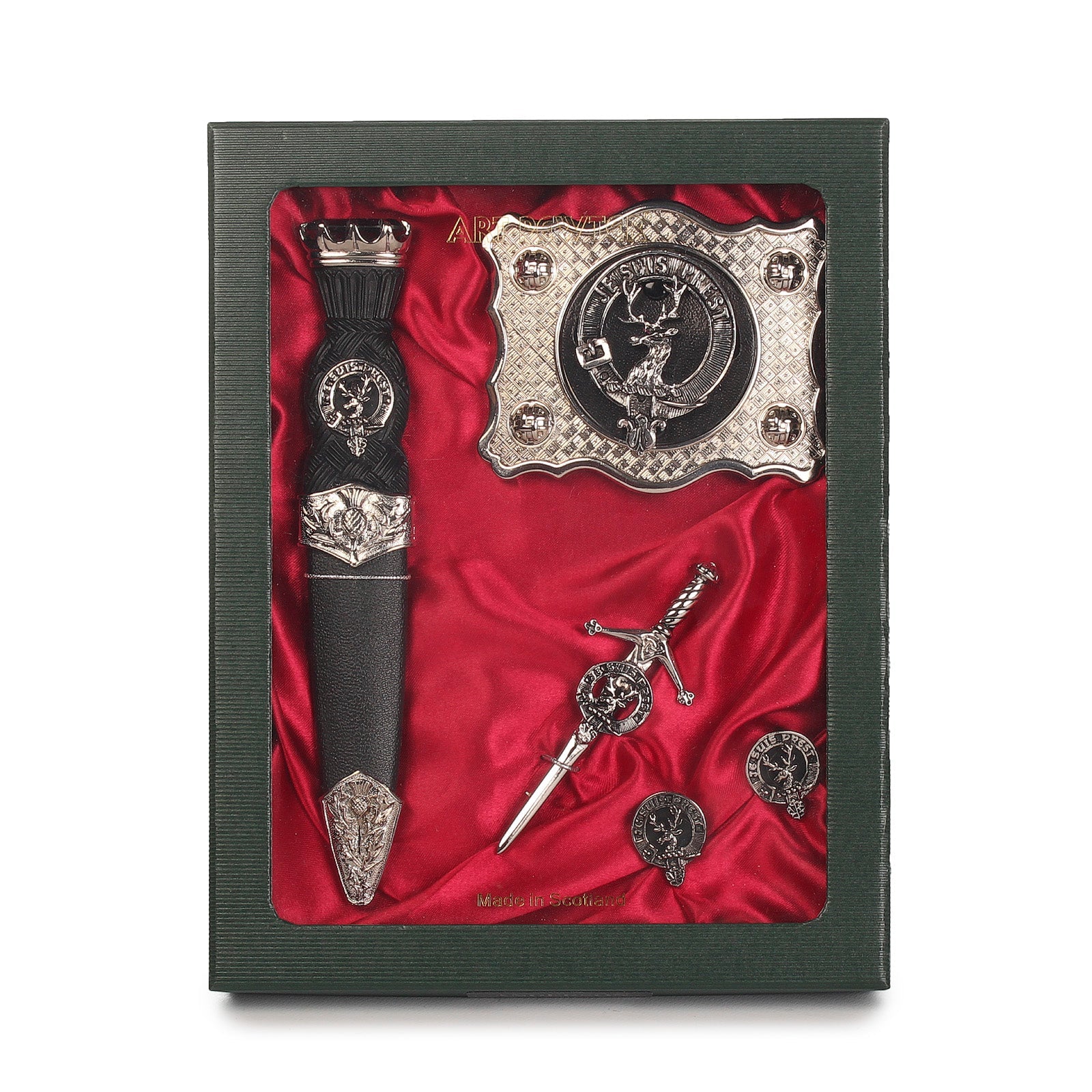 Fraser of Lovat Clan Badge, Kilt Pin, Lapel Pin, Cufflinks, Keyring/Key Fob & Gift Set — Fine Pewter by Art Pewter — Made in Scotland (Shiny Finish) - Heritage Of Scotland - Gift Set