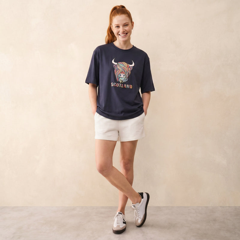 Scotland Unisex Rainbow Highland Cow Graphic T-Shirt – Navy