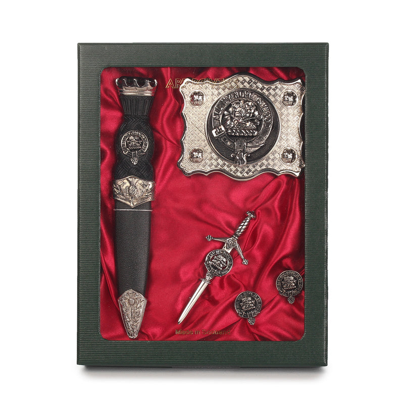 Gordon Clan Badge, Kilt Pin, Lapel Pin, Cufflinks, Keyring/Key Fob & Gift Set — Fine Pewter by Art Pewter — Made in Scotland (Shiny Finish) - Heritage Of Scotland - Gift Set