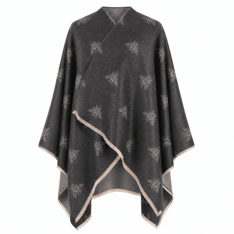 Grey Bee Print Reversible Wrap Cape for Women - DARK GREY AND LIGHT GREY - Heritage Of Scotland -