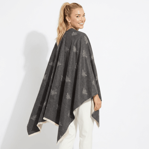 Grey Bee Print Reversible Wrap Cape for Women - DARK GREY AND LIGHT GREY - Heritage Of Scotland -