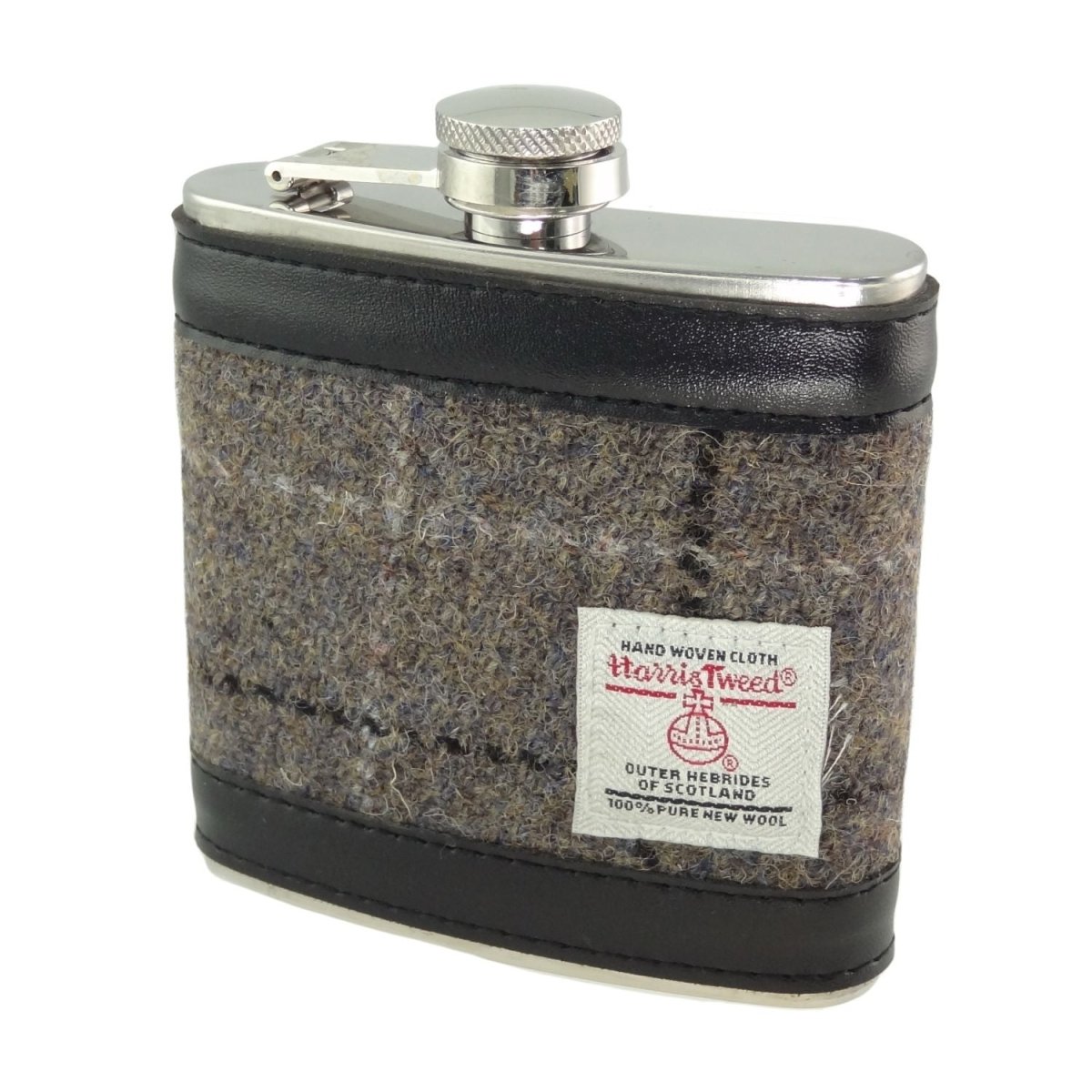 Harris Tweed 6oz Hip Flask - Classic Scottish Gift Idea - Mink with Black Overcheck (COL031) - Heritage Of Scotland -