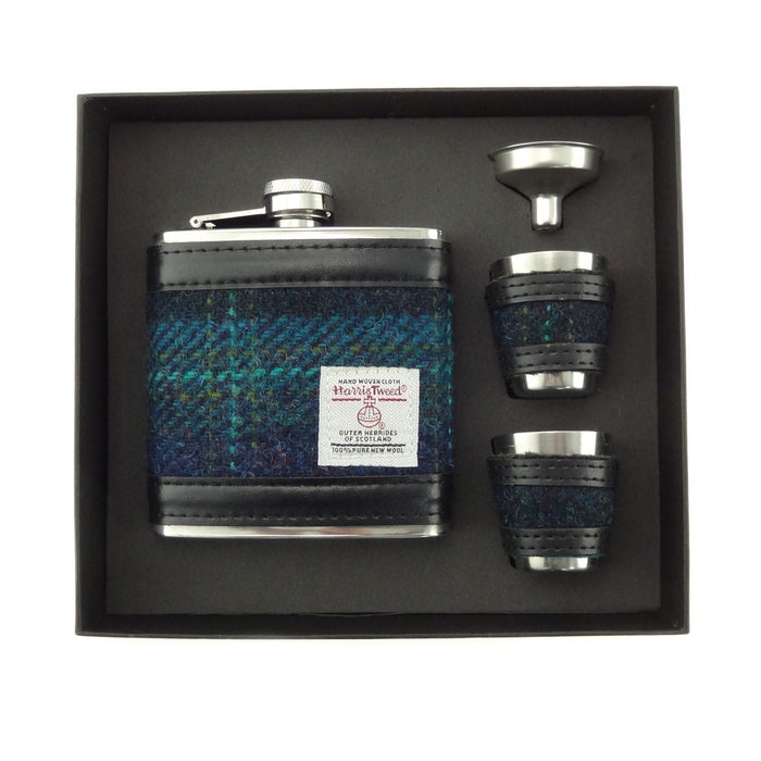Harris Tweed 6oz Hip Flask Gift Set – Flask, Funnel and Cups - Heritage Of Scotland - Blue with Turquoise Overcheck (COL119)