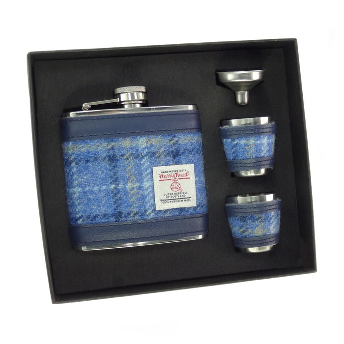 Harris Tweed 6oz Hip Flask Gift Set – Flask, Funnel and Cups - Heritage Of Scotland - Light Blue Check (COL129)