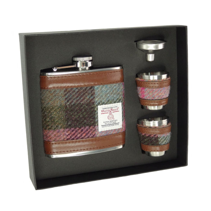 Harris Tweed 6oz Hip Flask Gift Set – Flask, Funnel and Cups - Heritage Of Scotland - Muted Green & Rose Pink Tartan (COL137)