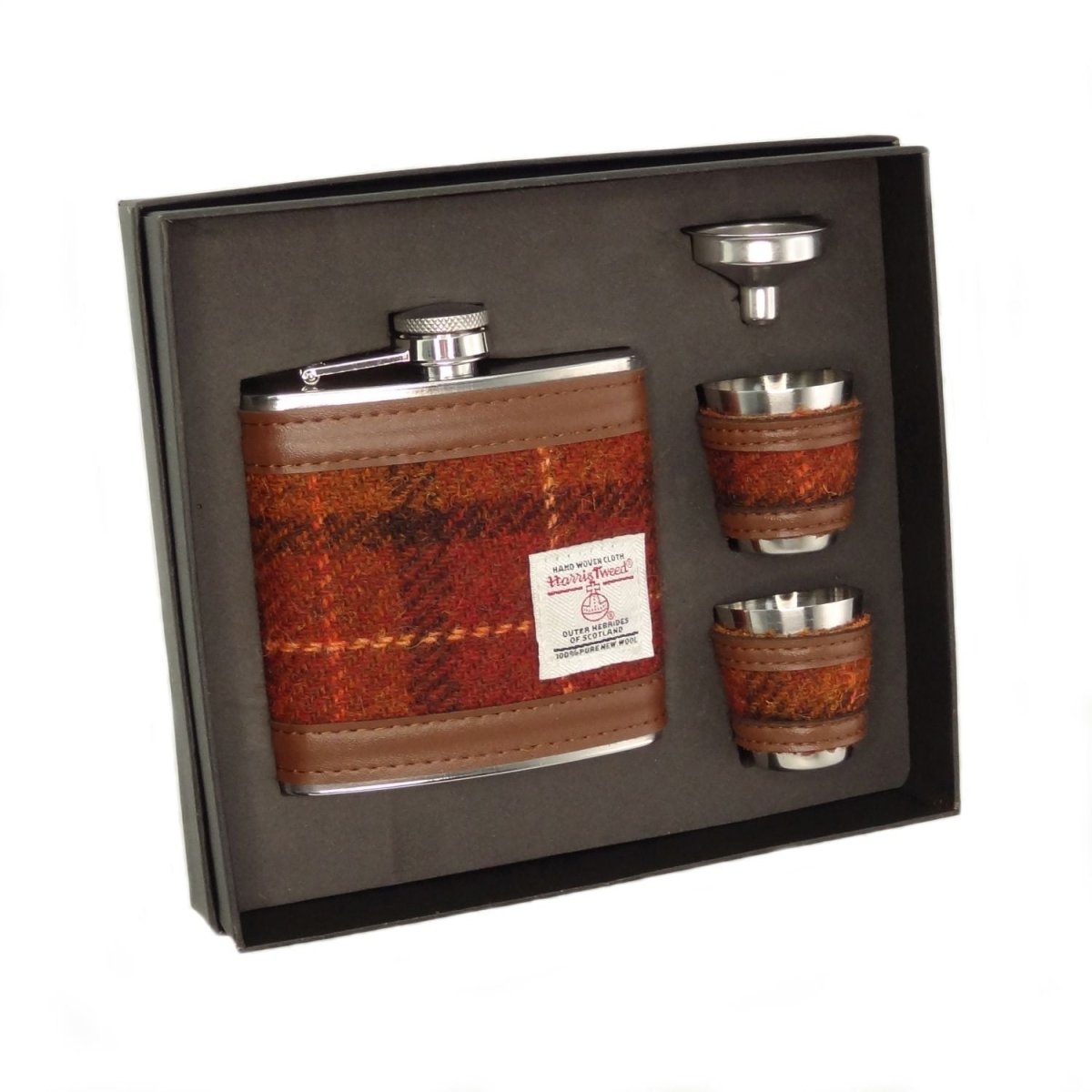 Harris Tweed 6oz Hip Flask Gift Set – Flask, Funnel and Cups - Rust with Orange Overcheck (COL117) - Heritage Of Scotland -
