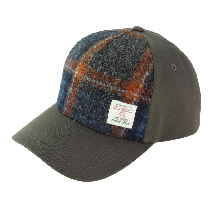Harris Tweed and Cotton Baseball Cap - Adjustable Fit - Heritage Of Scotland - Grey with Rust Overcheck (COL127)