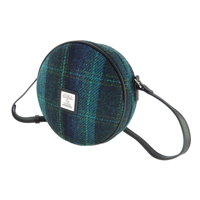 Harris Tweed Bannock Round Bag - Stylish Wool Round Shoulder Bag - Heritage Of Scotland - Blue with Turquoise Overcheck (COL119)