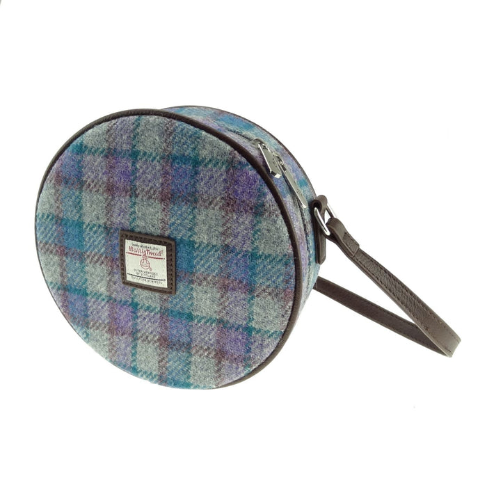 Harris Tweed Bannock Round Bag - Stylish Wool Round Shoulder Bag - Heritage Of Scotland - Blue/Purple Check on Grey (COL098)