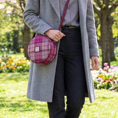 Harris Tweed Bannock Round Bag - Stylish Wool Round Shoulder Bag - Bold Purple Check (COL089) - Heritage Of Scotland -