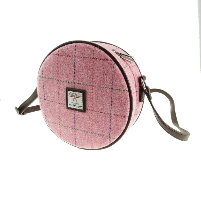 Harris Tweed Bannock Round Bag - Stylish Wool Round Shoulder Bag - Heritage Of Scotland - Bright Pink with overcheck (COL068)