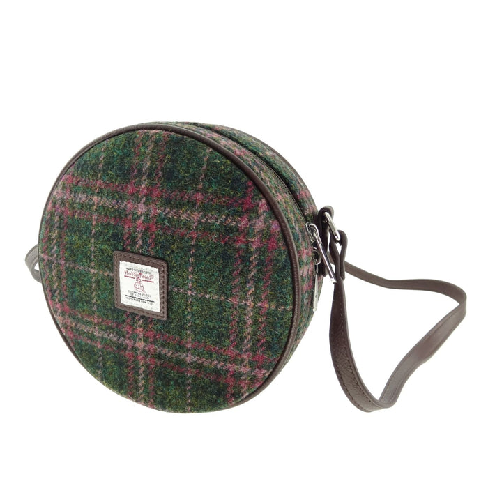 Harris Tweed Bannock Round Bag - Stylish Wool Round Shoulder Bag - Heritage Of Scotland - Dark Green & Plum Check (COL107)