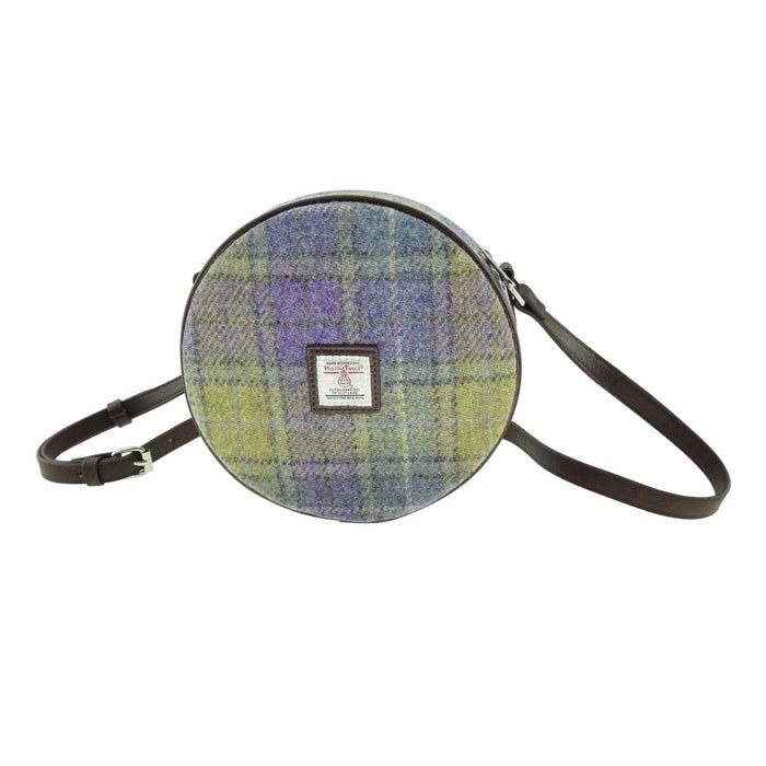 Harris Tweed Bannock Round Bag - Stylish Wool Round Shoulder Bag - Heritage Of Scotland - Muted Lilac / Lime Green Tartan (COL112)