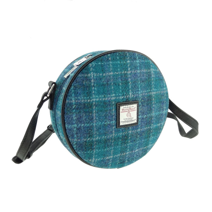 Harris Tweed Bannock Round Bag - Stylish Wool Round Shoulder Bag - Heritage Of Scotland - Sea Blue Check (COL092)