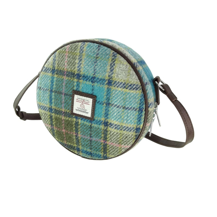 Harris Tweed Bannock Round Bag - Stylish Wool Round Shoulder Bag - Heritage Of Scotland - Turquoise Tartan (COL122)