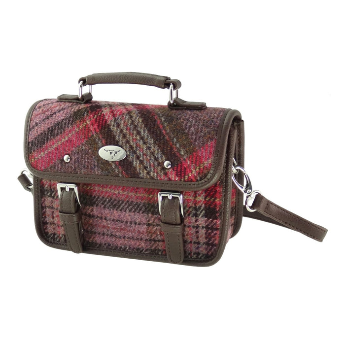 Harris Tweed Bervie Mini Satchel - Compact Tartan Satchel Bag - Heritage Of Scotland - Burgundy & Pink Stewart (COL144)