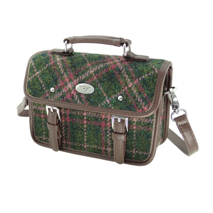 Harris Tweed Bervie Mini Satchel - Compact Tartan Satchel Bag - Heritage Of Scotland - Dark Green & Plum Check (COL107)